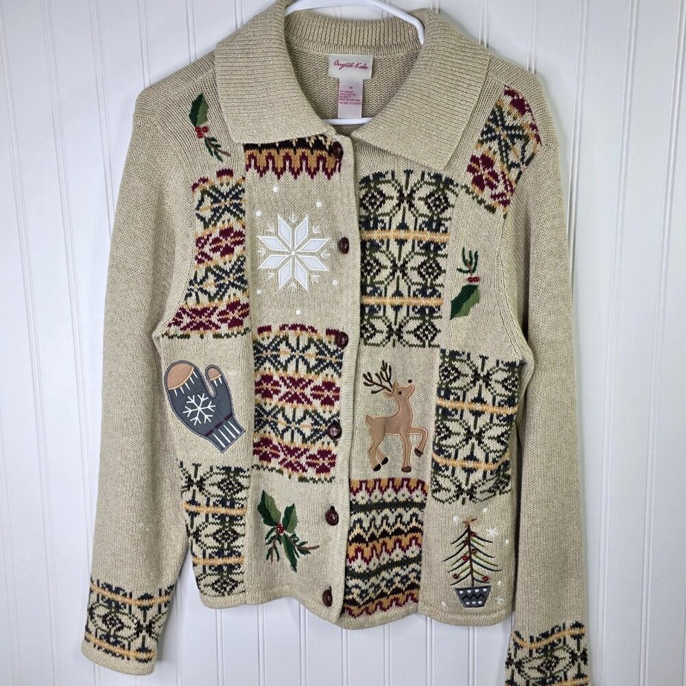 Vintage Crystal Kobe Cardigan Sweater Womens Medium Beige Holiday 90s Cottage